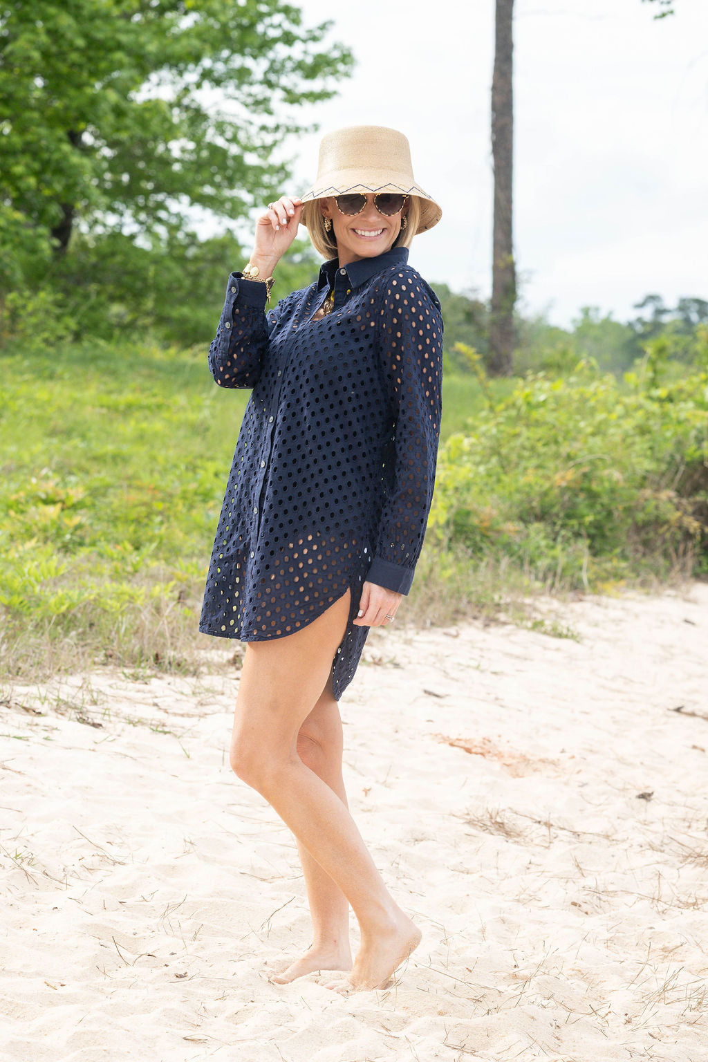 Bucket - Natural Palm - Navy & Gold Double Zig Zags