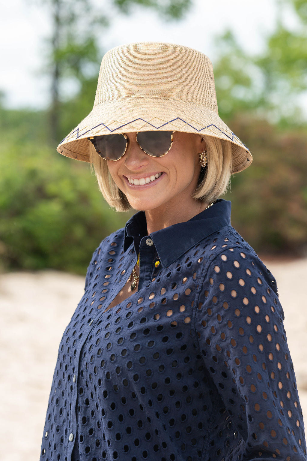 Bucket - Natural Palm - Navy & Gold Double Zig Zags